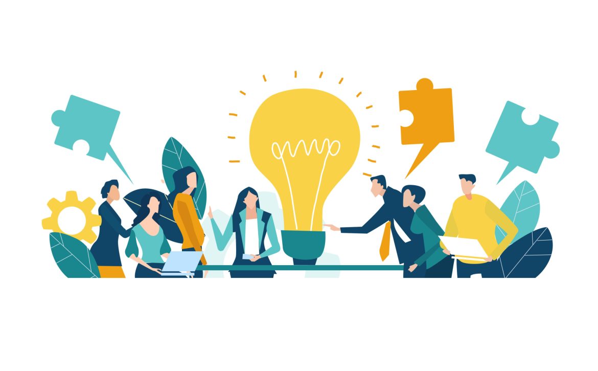 Team of professional people talking over the meeting. light bulb as a symbol of new idea and finding solution. Developing, taking a risk, support and solving the problem business concept illustration.